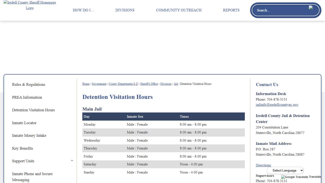 Detention Visitation Hours | Iredell County, NC