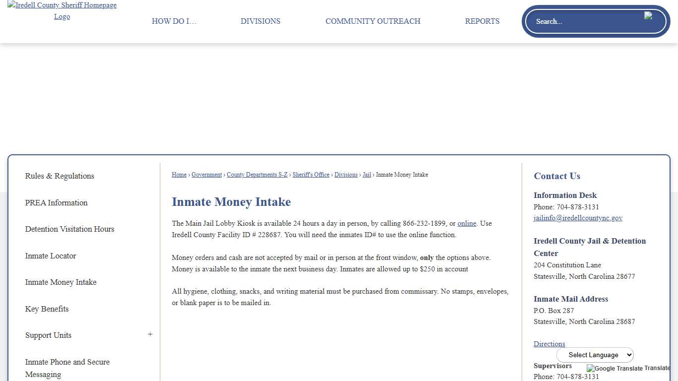 Inmate Money Intake | Iredell County, NC